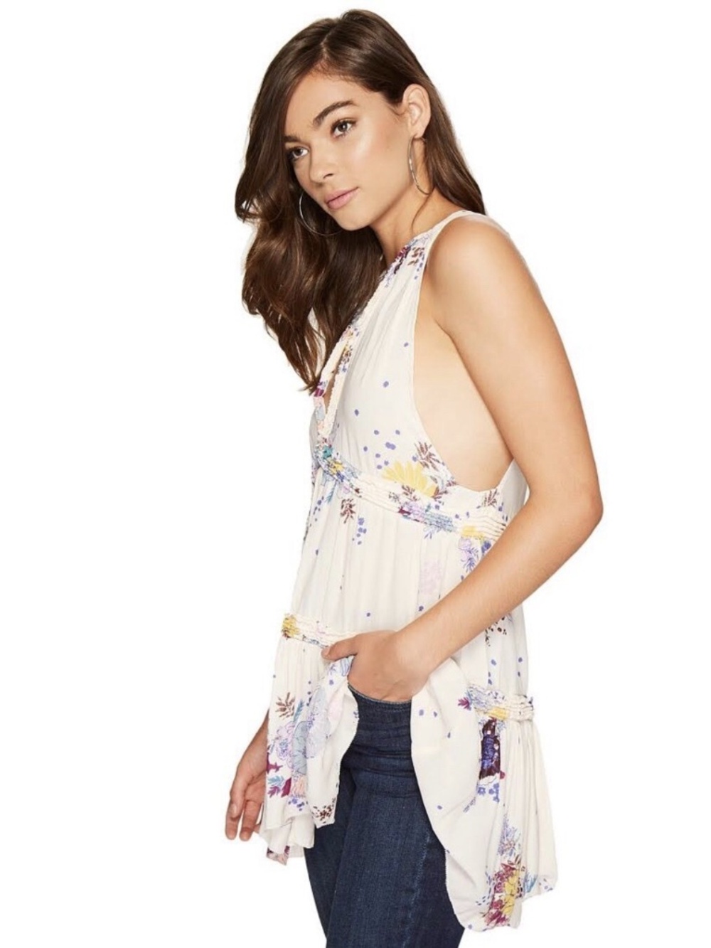 Free People Floral Cream Sleeveless Tiered Tunic Blouse Top - Size L - Picture 4 of 9